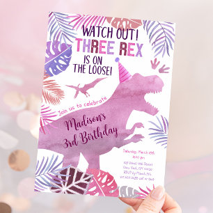 Invitation Pink Purple Trois Rex Girl Dinosaur Anniversaire