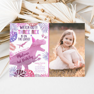 Invitation Pink Purple Trois Rex Girl Dinosaur Anniversaire