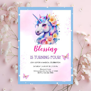 Invitation Pink Purple Unicorn Jour magique 4e anniversaire