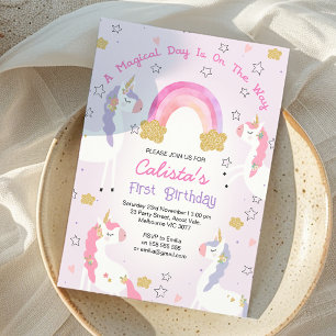 Invitation Pink Purple Unicorn Magique Jour 1er Anniversaire