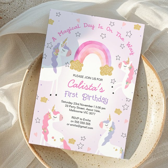 Invitation Pink Purple Unicorn Magique Jour 1er Anniversaire (Pink and Purple Magical Day Unicorn 1st Birthday Invitation. Unicorn themed birthday party Invite, )