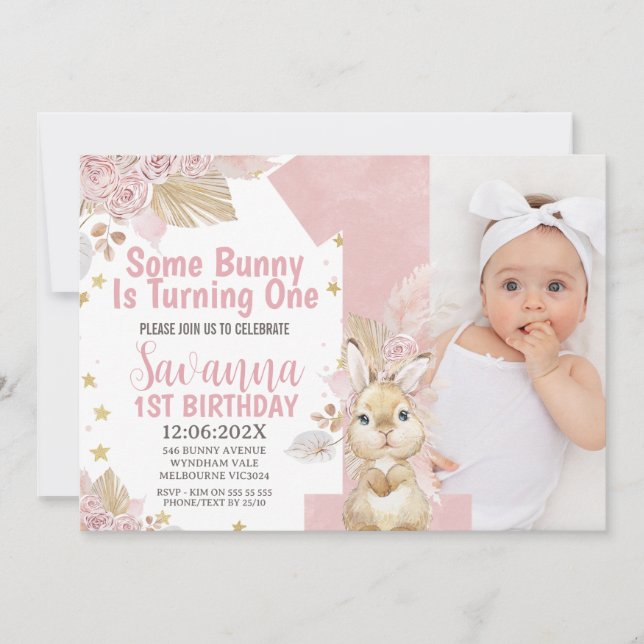 Invitation Pink Quelques Bunny Boho Floral 1er Anniversaire (Devant)