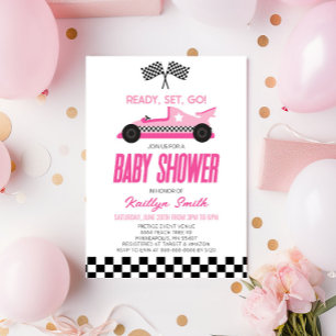 Invitation Pink Race Car À damiers Race Drapeau Baby shower