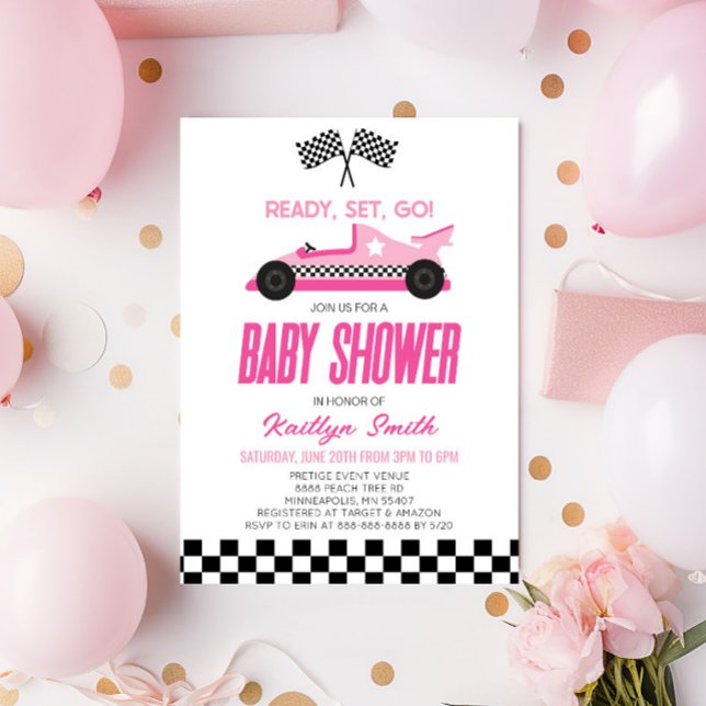 Invitation Pink Race Car À damiers Race Drapeau Baby shower (Créateur téléchargé)
