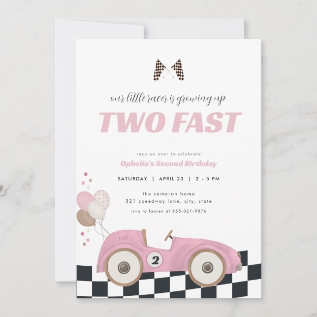 Invitation Pink Race Car Girl Two Fast Second Birthday Invite (Devant)