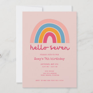 Invitation Pink Rainbow Hello Seven Girl 7th Birthday Party