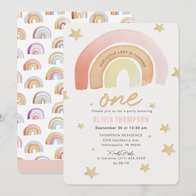 Invitation Pink Rainbow Stars Première fête d'anniversaire (Devant / Derrière)