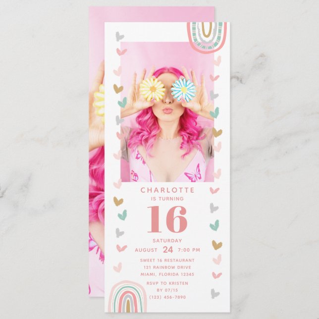 Invitation Pink Rainbow Sweet 16 moderne Photo Anniversaire (Devant / Derrière)