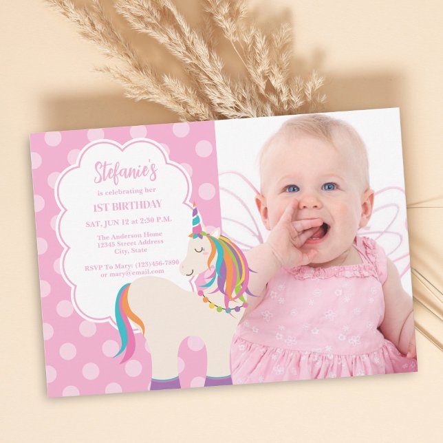 Invitation Pink Rainbow Unicorn Girl 1er anniversaire Photo (Créateur téléchargé)