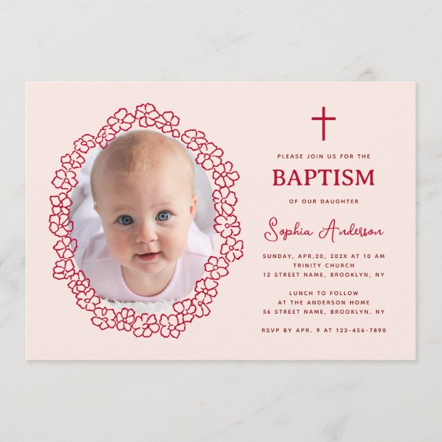 Invitation Pink Red Baptism with Girl Photo in Floral Wreath (Devant)