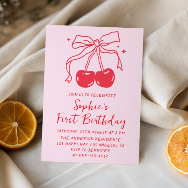 Invitation Pink & Red Bow Cherry Fruit 1st Birthday Party (Créateur téléchargé)
