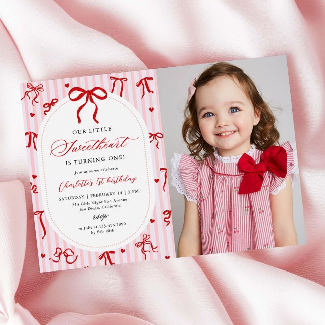 Invitation Pink Red Coquette Bow Valentine 1st Birthday Photo (Créateur téléchargé)