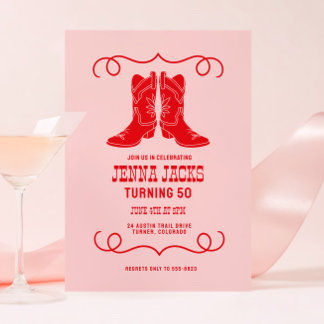 Invitation Pink Red Cowgirl Boots Ladies Birthday Party