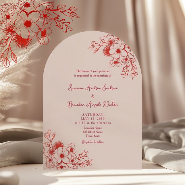 Invitation Pink Red Floral QR Code Wedding (Créateur téléchargé)