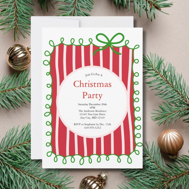 Invitation Pink Red Green Coquette Bow Doodle Christmas Party (Pink Red Green Doodle Coquette Bow Christmas Party Invitation  Printed or Digital)