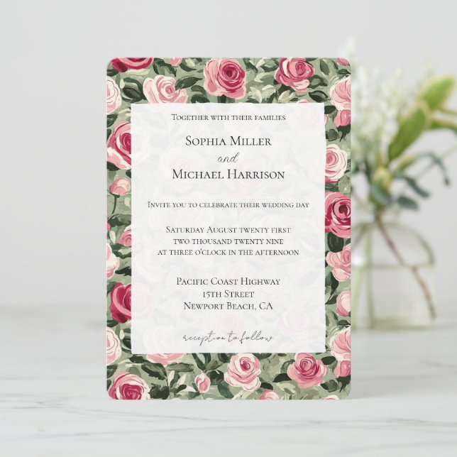 Invitation Pink Red Green Roses Floral Wedding (Debout devant)
