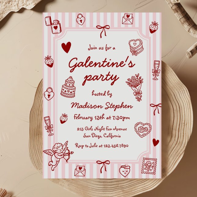 Invitation  Pink Red Hand Drawn Galentine's Party (Créateur téléchargé)