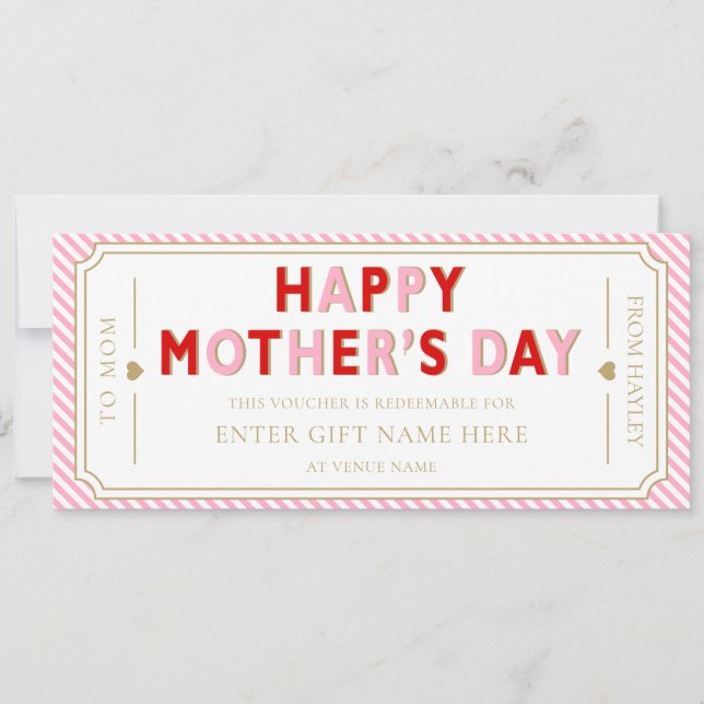 Invitation Pink Red Happy Mother's Day Gift Voucher Card (Devant)