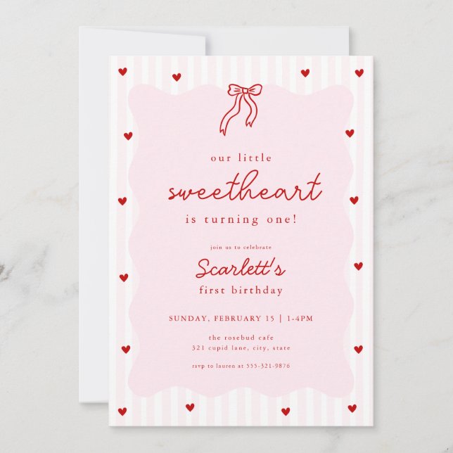 Invitation Pink Red Heart Little Sweetheart Birthday Invite (Devant)