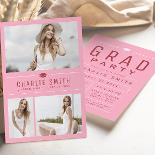 Invitation Pink Red Modern Typographie Photo Graduation Party