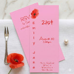 Invitation Pink Red Poppy Funky Vertical 21st Birthday<br><div class="desc">Pink Red Poppy Funky Vertical 21st Birthday Invitation. Kick off a fun milestone celebration with this trendy and playful 21st birthday invitation. The design features a vibrant red watercolor poppy flower set against a light pink background with a unique vertical text layout. This modern tea-length card is perfectly suited for...</div>
