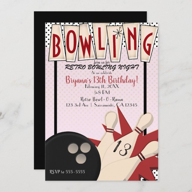 Invitation Pink Red Retro Bowling Bowl Nuit Anniversaire (Devant / Derrière)