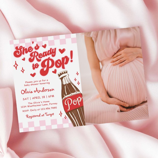 Invitation Pink Red She's Ready to Pop Baby Shower Photo (Créateur téléchargé)