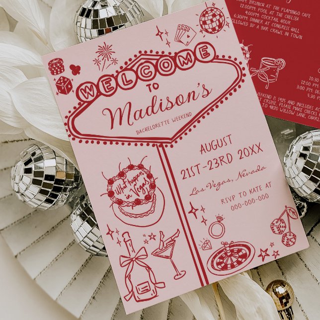 Invitation Pink Red Vegas Bachelorette Week-end Itinéraire (Créateur téléchargé)