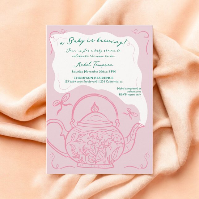 Invitation Pink retro arcs teapot bébé est en train de brasse (Pink retro bows teapot baby is brewing shower invitation)