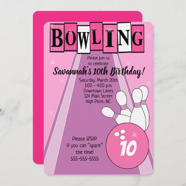 Invitation Pink Retro Bowling Die Cut Girl Anniversaire Invit (Devant / Derrière)
