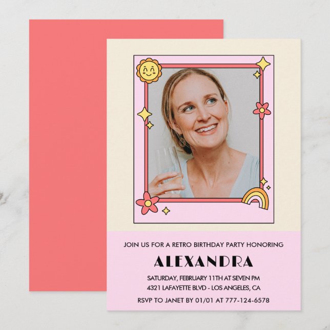 Invitation Pink Retro les années 70 photo Super 42e anniversa (Devant / Derrière)