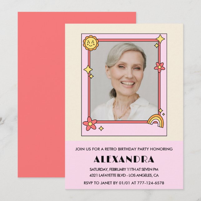 Invitation Pink Retro les années 70 photo Super 84e anniversa (Devant / Derrière)