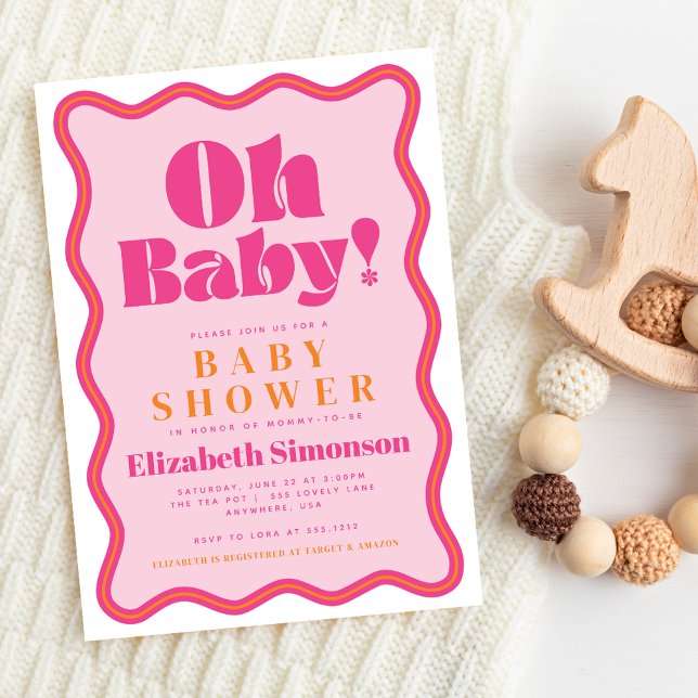 Invitation Pink Retro Oh Baby Wavy Squiggle Frame Baby shower (Créateur téléchargé)