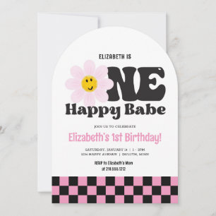 Invitation Pink Retro One Happy Babe 1er anniversaire