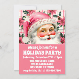Invitation Pink Retro Santa Claus Floral Plaid Noël