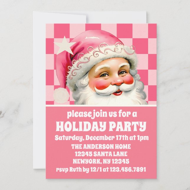 Invitation Pink Retro Santa Claus Pink Tartan Plaid Noël (Devant)