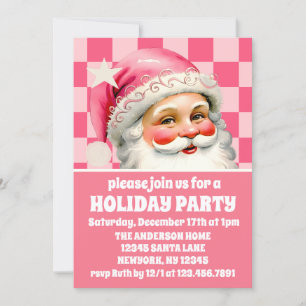 Invitation Pink Retro Santa Claus Pink Tartan Plaid Noël
