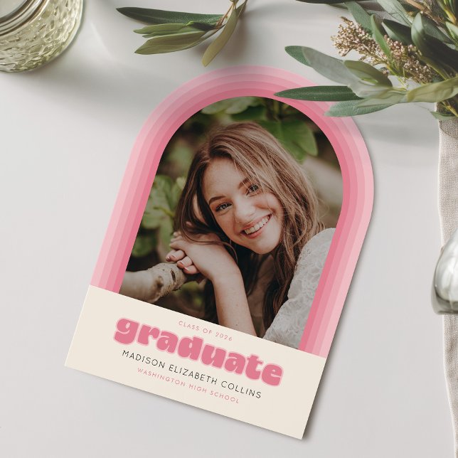 Invitation Pink Retro Striped Arch Graduation Announcement (Créateur téléchargé)