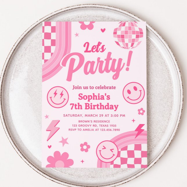 Invitation Pink Retro Super fête d'anniversaire (Pink Retro Groovy Let's Party Birthday Party Invitation)
