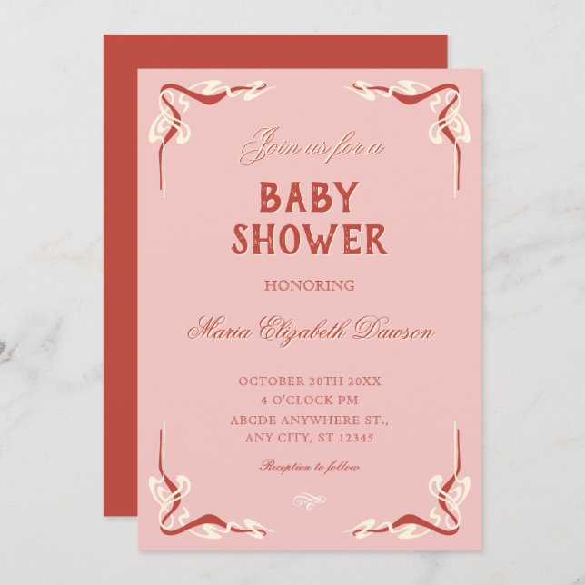 Invitation Pink retro vintage baby shower (Devant / Derrière)
