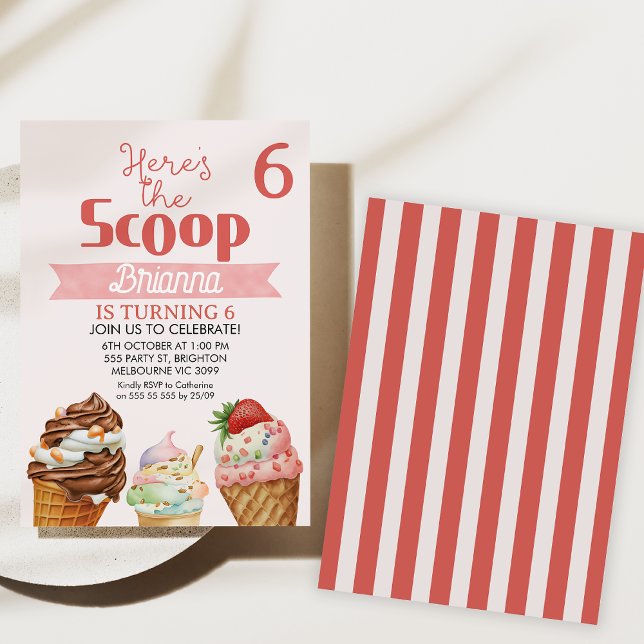 Invitation Pink Retro Voici la crème glacée Scoop Anniversair (Here's the scoop ice cream birthday invitation, Ice-cream birthday invite, Girls summer birthday)