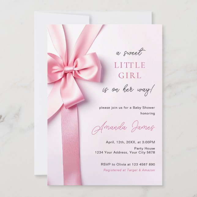 Invitation Pink Ribbon Bow Baby Shower Sweet Little Girl (Devant)