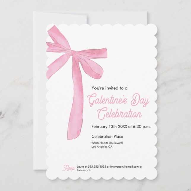 Invitation Pink Ribbon Bow Galentine's day Girly moderne (Devant)