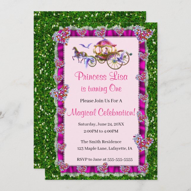Invitation Pink Ribbon Green Parties scintillant Royal Prince (Devant / Derrière)