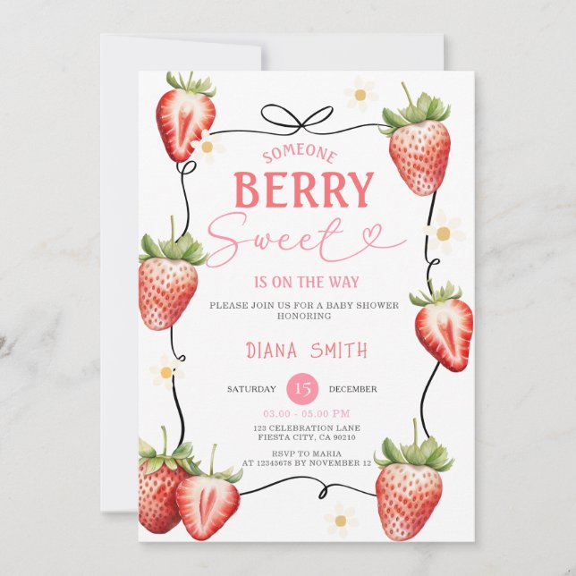 Invitation Pink Ribbon Strawberry Sweet Baby Shower (Devant)