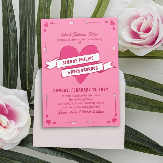 Invitation Pink Romantic Heart Arrows & Ribbon Casual Wedding (Créateur téléchargé)