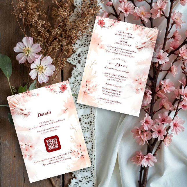 Invitation Pink Romantic Sakura & Japanese White Dragon (Pink Shades Romantic Sakura and Japanese White Dragon Wedding Design Invitation Cards with QR Code.)