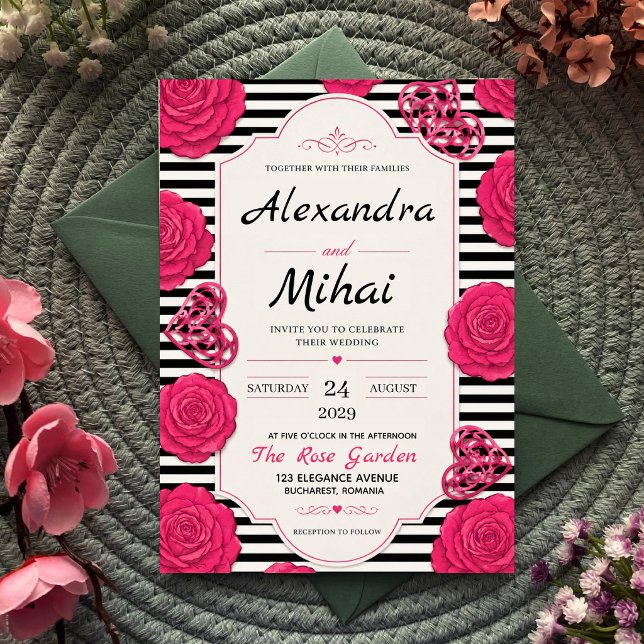Invitation Pink Rose Black and White Stripe Floral  (Créateur téléchargé)