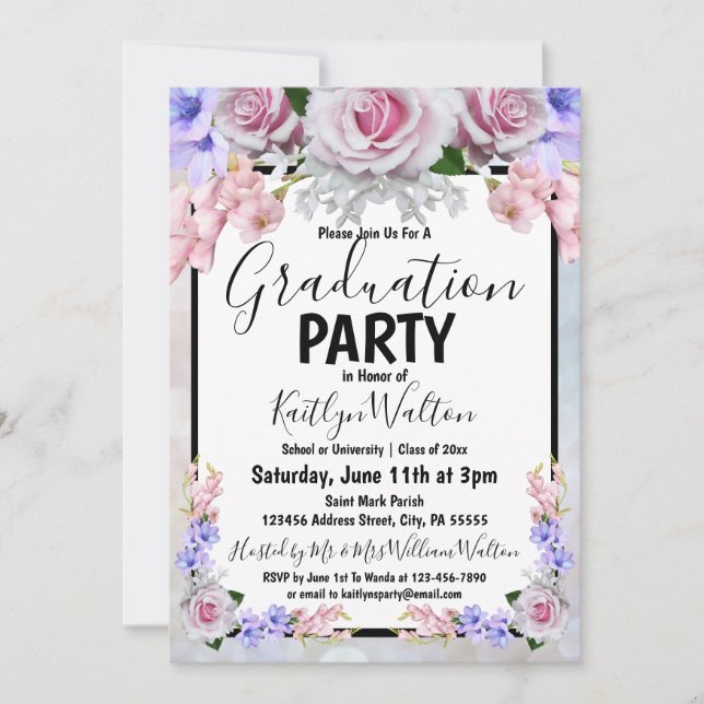 Invitation Pink Rose Bokeh Graduation Party (Devant)