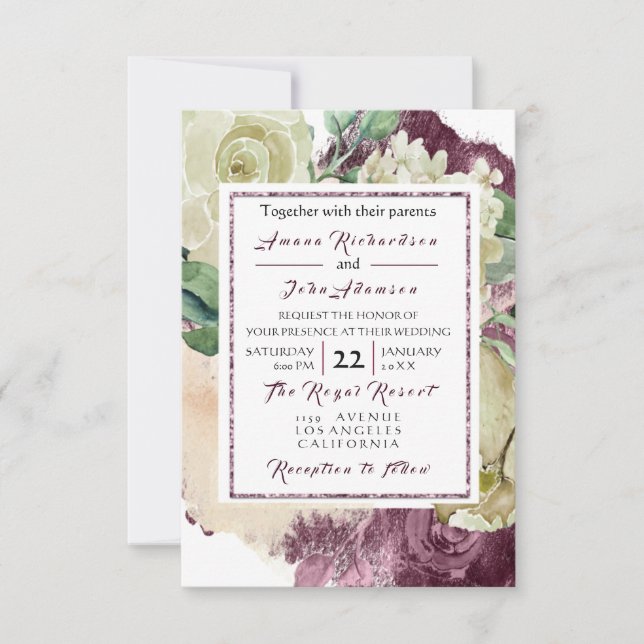 Invitation Pink Rose Creamy Marsala  Floral Roses Wedding VIP (Devant)